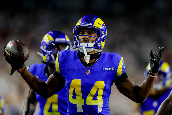 Sep 25, 2023; Cincinnati, Ohio, USA; Los Angeles Rams cornerback Ahkello Witherspoon (44) reacts after intercepting the ball in the second half against the Cincinnati Bengals at Paycor Stadium.